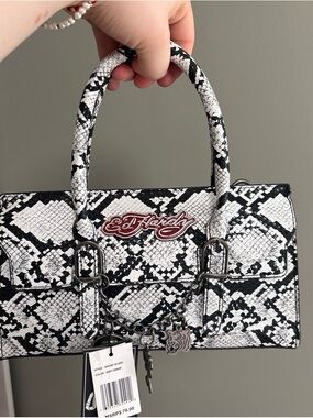Ed Hardy Black and White Snake-Print Satchel with Chain Charm